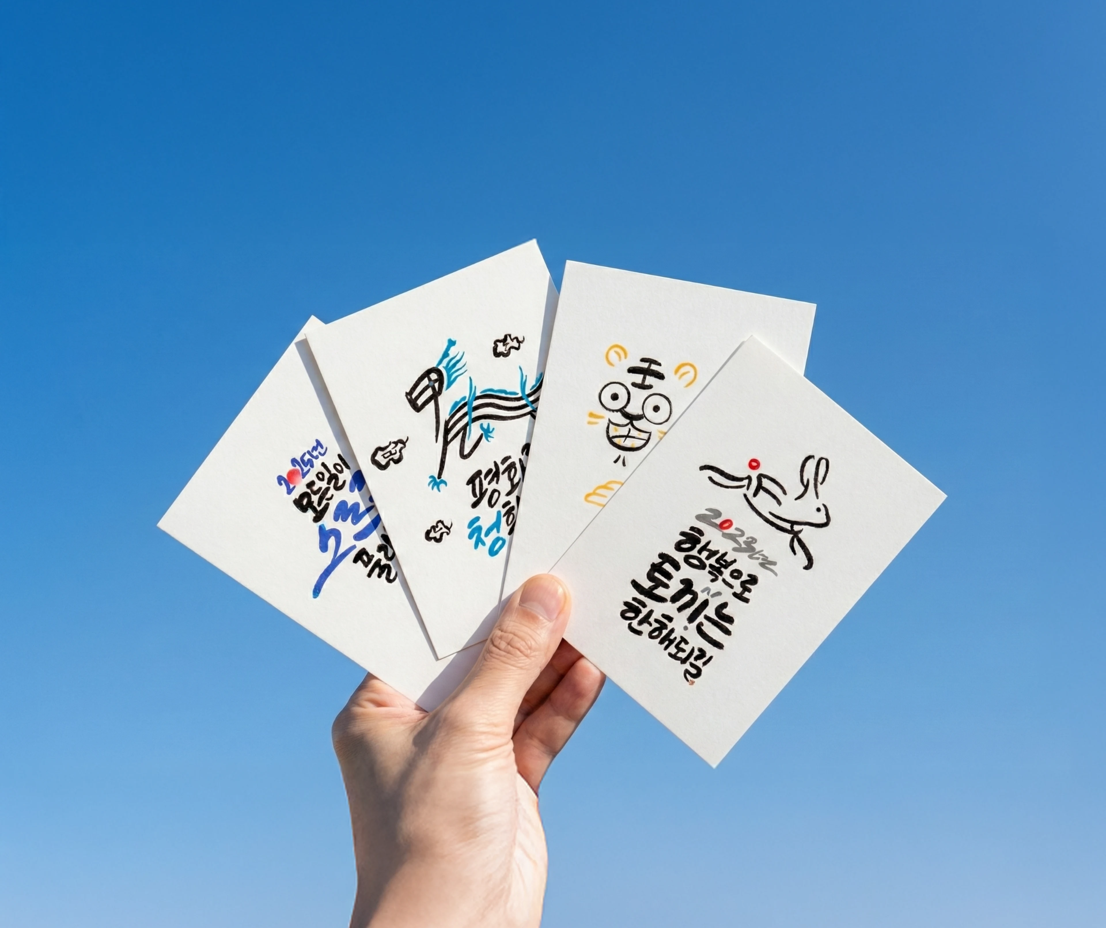 illustrated korean new year cards held in a hand